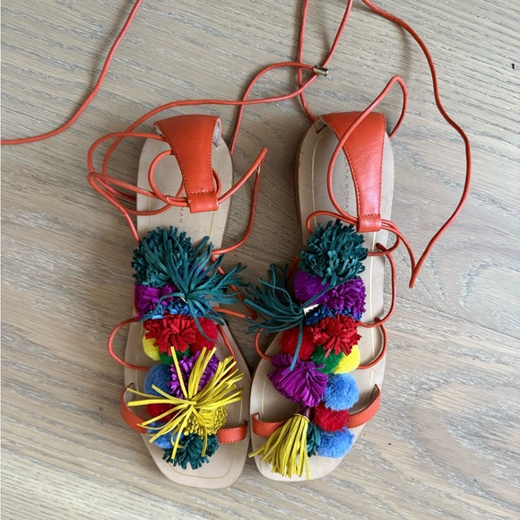 Zara Multicolor Pom-Pom Lace-Up Sandals#25 - Picture 3 of 8